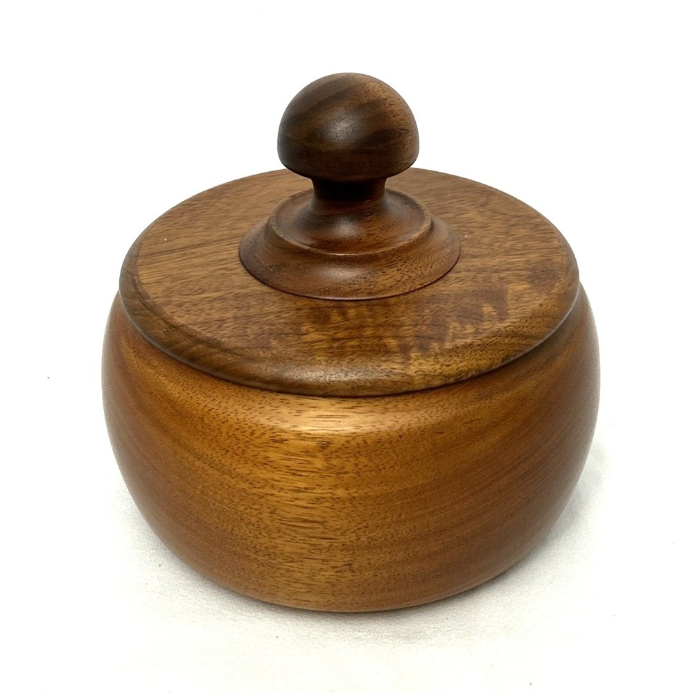Hand Turned Wood Bowl & Lid Smooth Polished Grain Rounded Lid Ball Finial